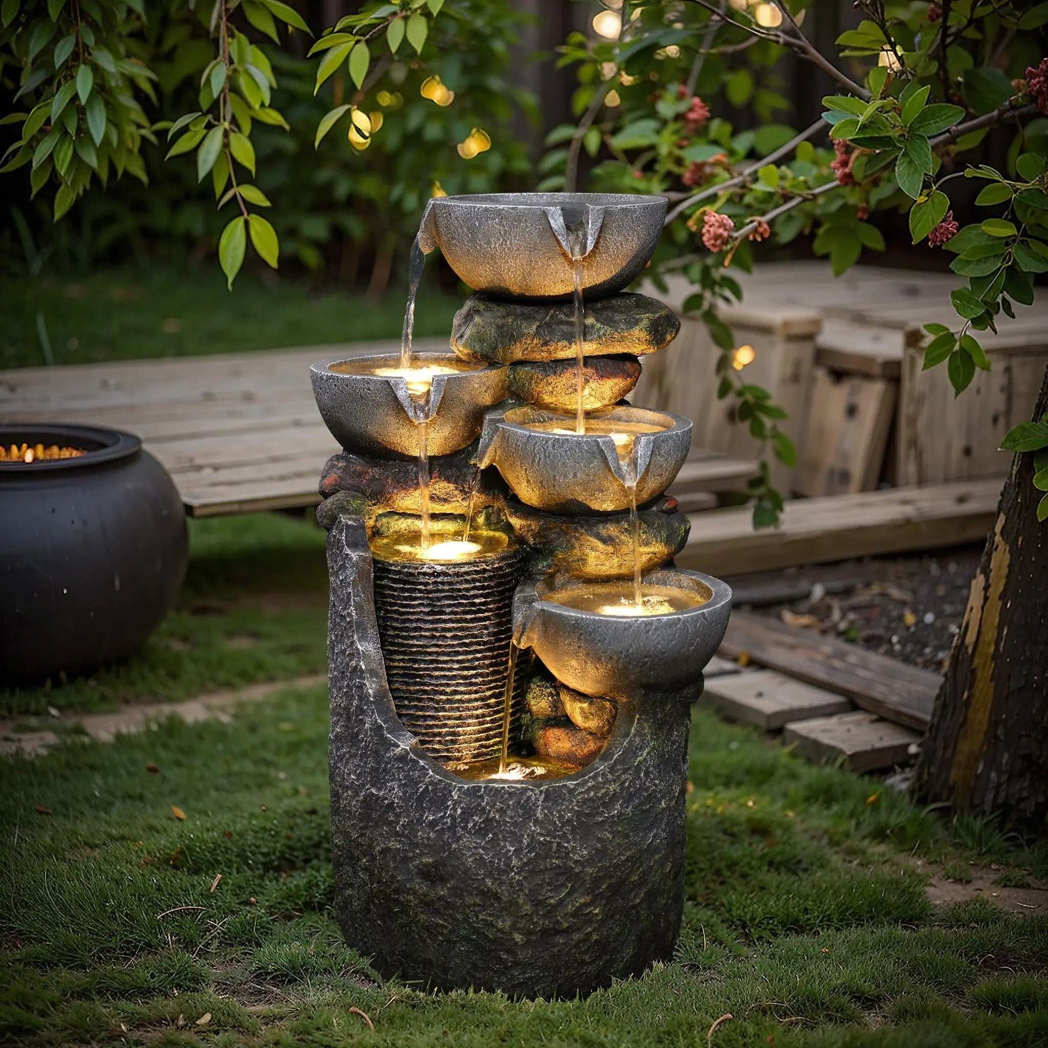 Gray 4-bowl and 5-tier polyresin outdoor water fountain with lights - LuxenHome