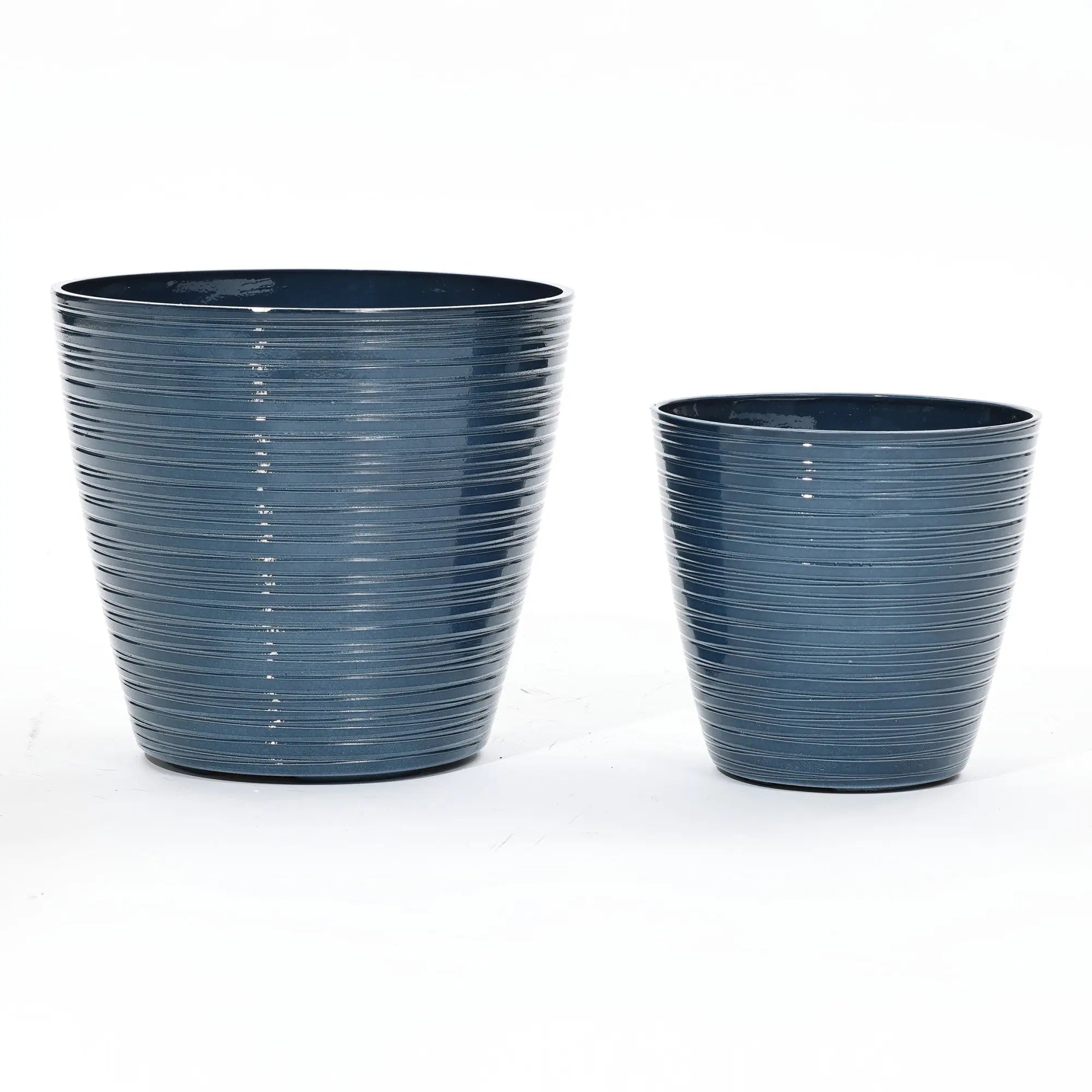 Two blue striped ceramic decorative planters, one larger and one smaller, placed side by side on a white background. These stylish pieces feature a UV-protected finish, making them perfect for both indoor and outdoor use.