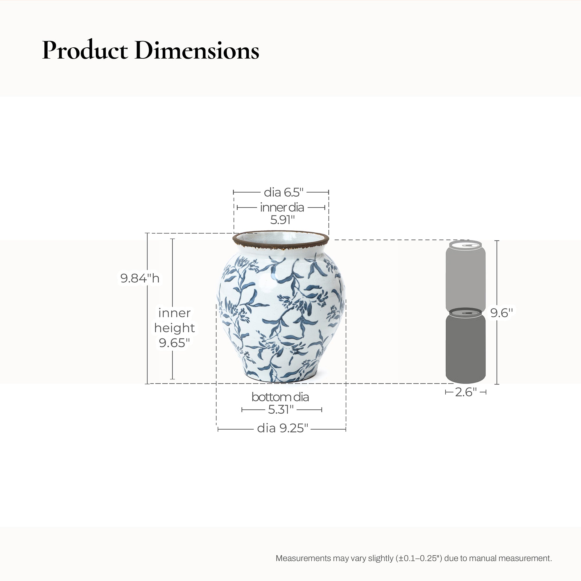 Features labeled size 9.84 height, 9.25 top diameter, 5.31 base dia, 5.9 inner diameter, and 9.65 inner height.