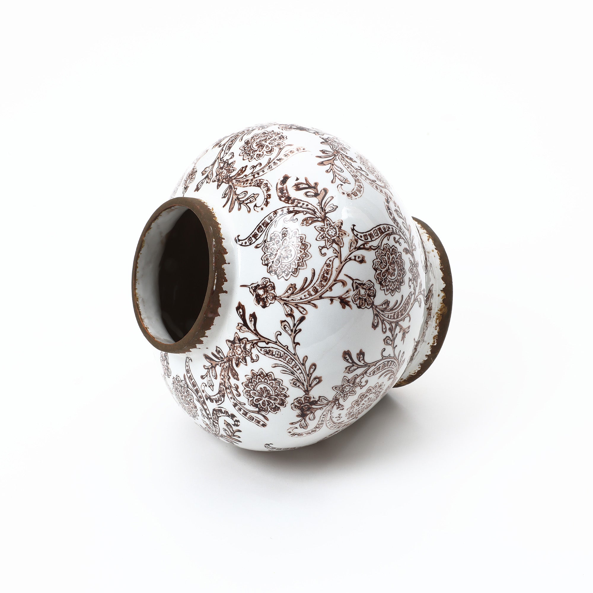 An elegant ceramic vase with one open mouths, adorned with intricate brown floral patterns.