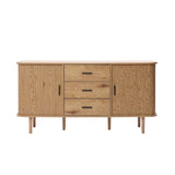Buffet cabinet sideboard, a mid century storage cabinet with three drawers and two cabinets, displayed on a white background to highlight its wood finish and design.