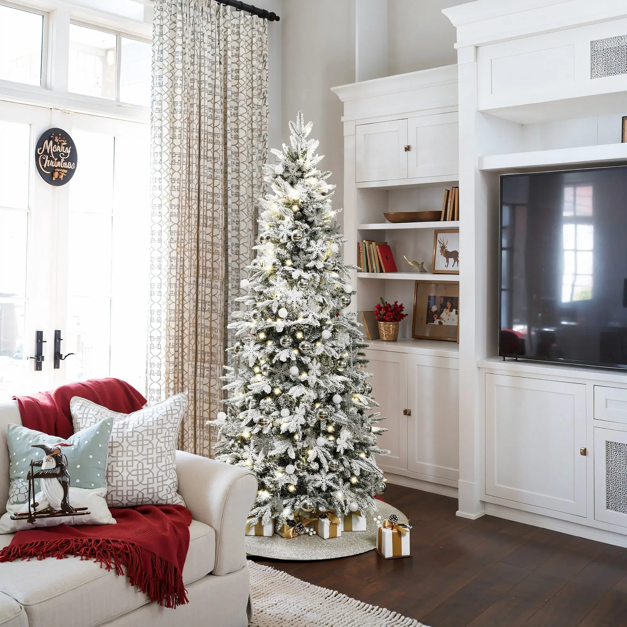 pre lit dressed christmas tree ANGELES HOME 6 ft. Pre-Lit Snow-Flocked Artificial Christmas Tree Alpine Tree with Base M22-8CM57