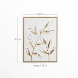 A framed high-end art piece showcasing a textured gold leaf motif on a pristine white background. Dimensions: 31.5 inches tall, 23.62 inches wide, and 1.38 inches deep, perfect as a modern wall decor accent for any sophisticated space.