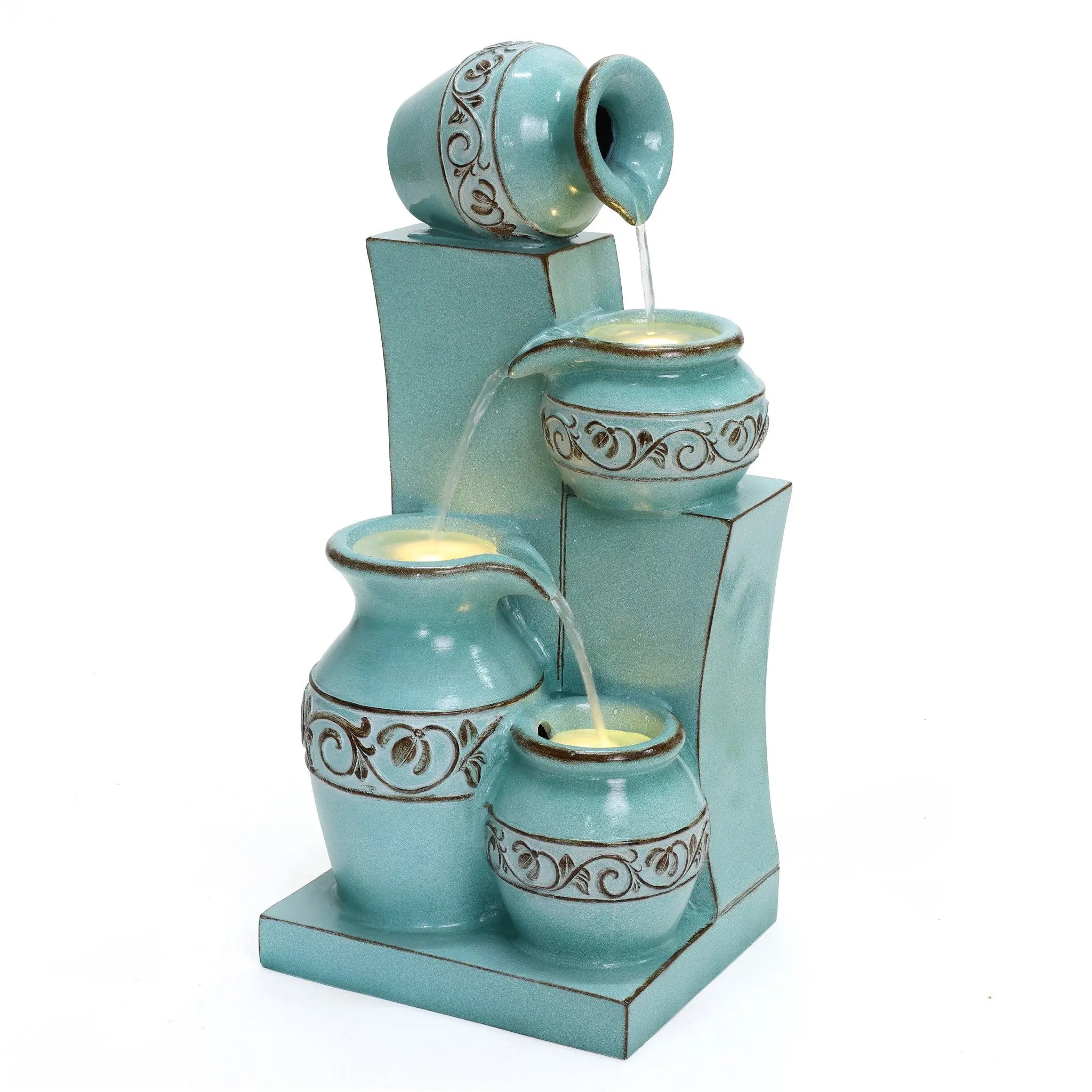 Light blue 4-tier ornate jugs polyresin outdoor water fountain with lights - LuxenHome