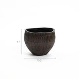 The LuxenHome dark brown textured resin round planter, small, is displayed against a white background. It has a geometric pattern and measures 8.1 inches in height and 10.2 inches in diameter.
