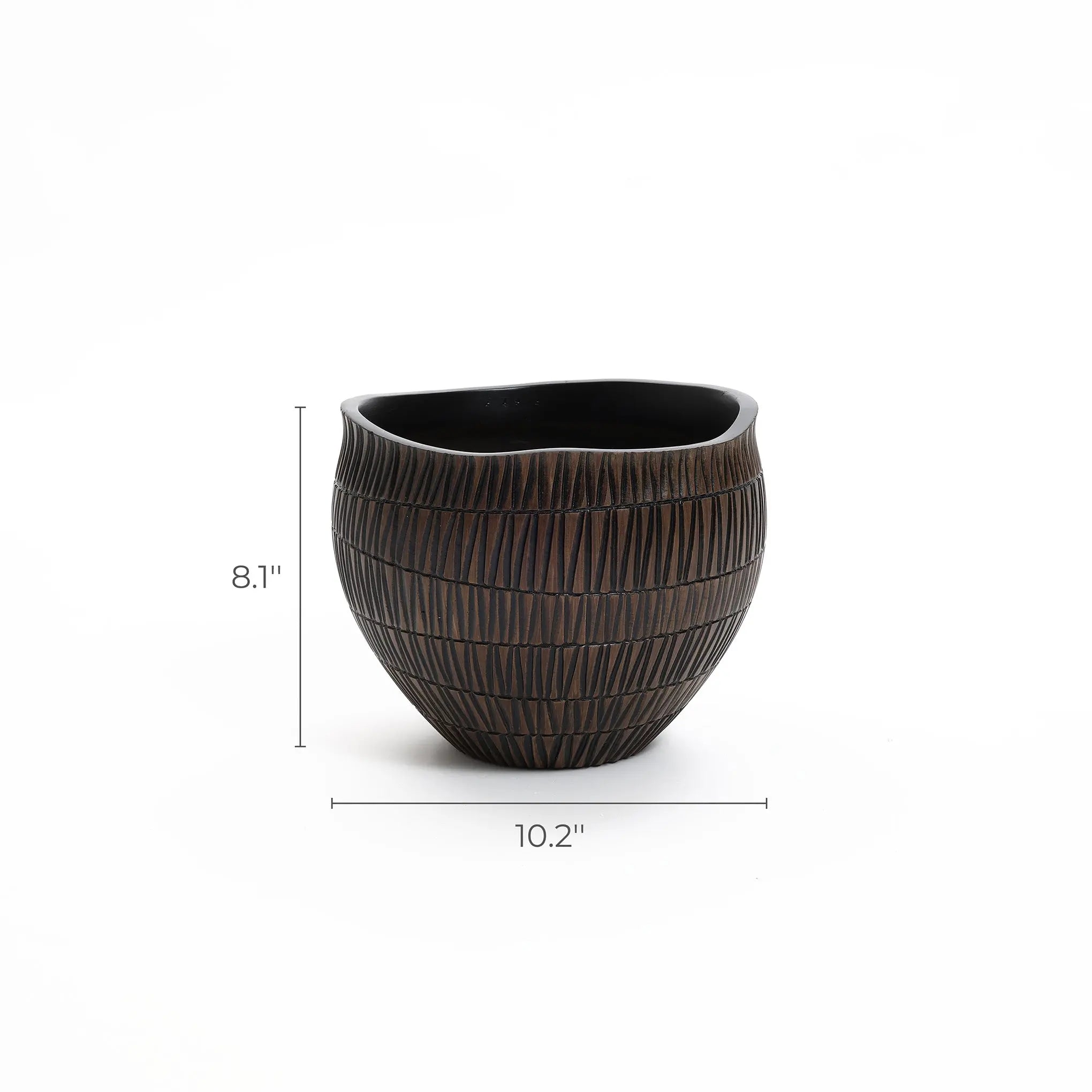 The LuxenHome dark brown textured resin round planter, small, is displayed against a white background. It has a geometric pattern and measures 8.1 inches in height and 10.2 inches in diameter.