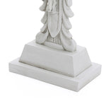 The base of a gray statue, reminiscent of a Jesus statue, features draped clothing on a rectangular pedestal against a white background.