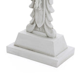 The base of a gray statue, reminiscent of a Jesus statue, features draped clothing on a rectangular pedestal against a white background.