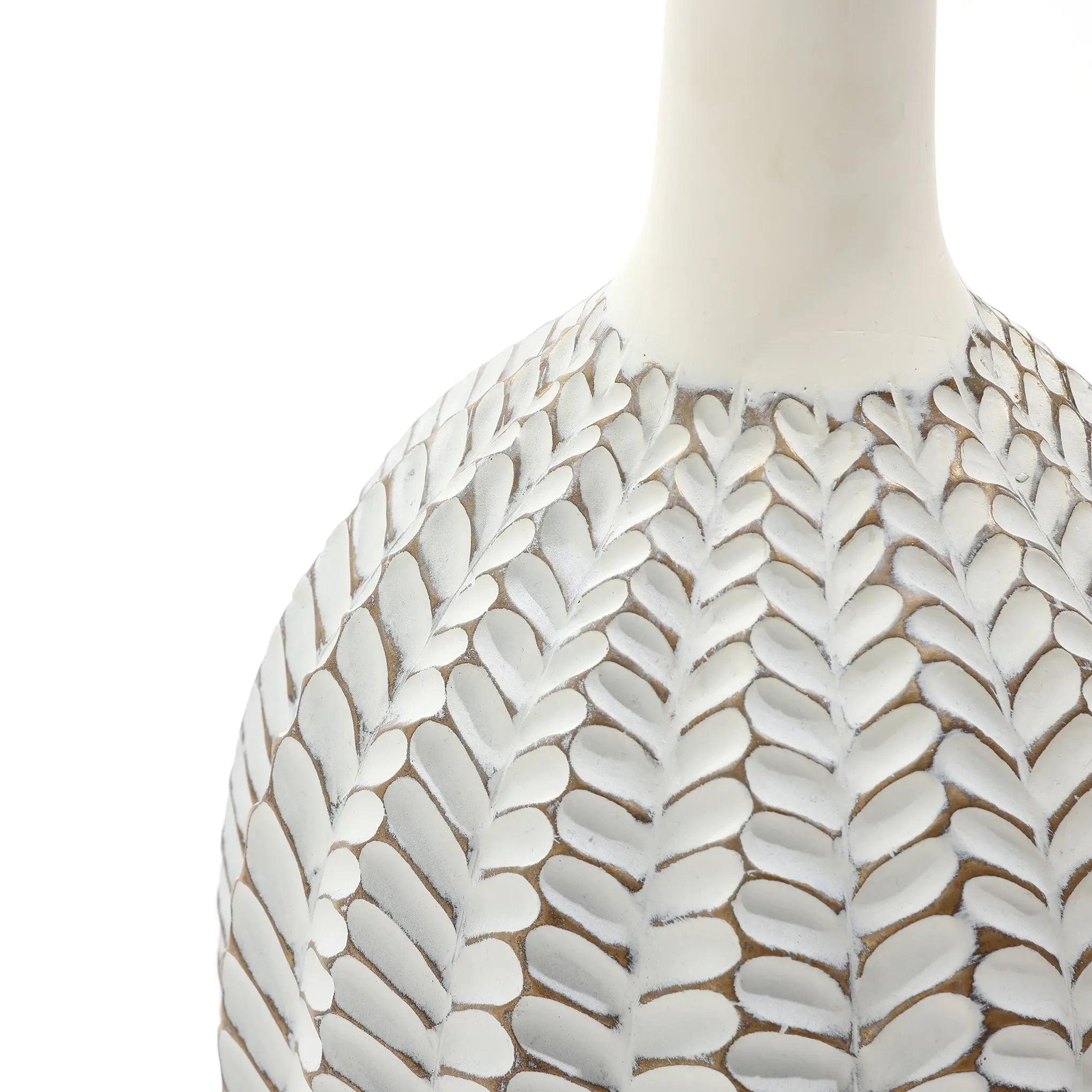 Close-up of a LuxenHome Modern geometric pattern resin tall trumpet vase, 23.5 h, showcasing intricate leaf patterns. It features a smooth, glossy surface with an antique effect enhancing the delicate design against the white background.