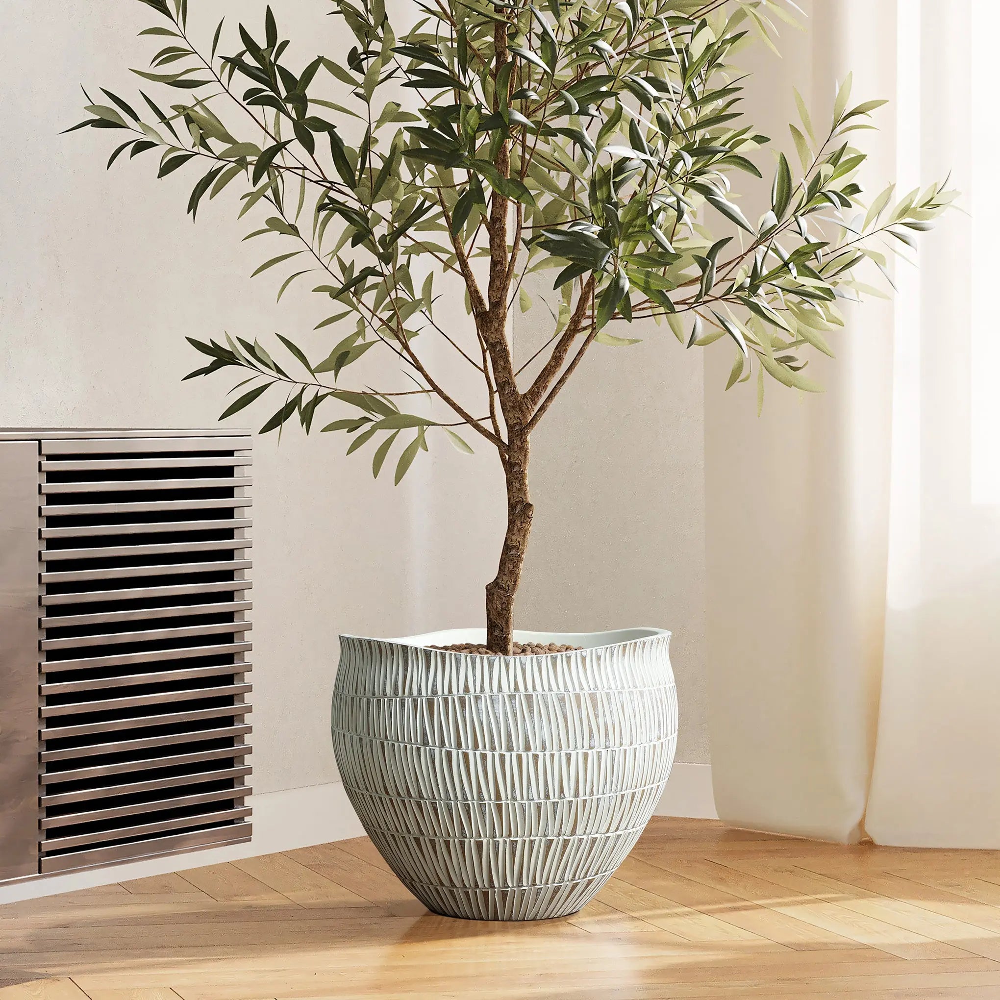 A tall potted olive tree with thin green leaves stands on a wooden floor near a vent, placed in a LuxenHome White textured resin round planter, large, featuring a geometric pattern. Soft natural light filters through a sheer curtain.