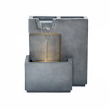 A modern minimalist fountain, featuring a tiered rectangular design with water gracefully cascading from the top section into a lower basin, enhanced by subtle LED lighting for tranquil outdoor relaxation.