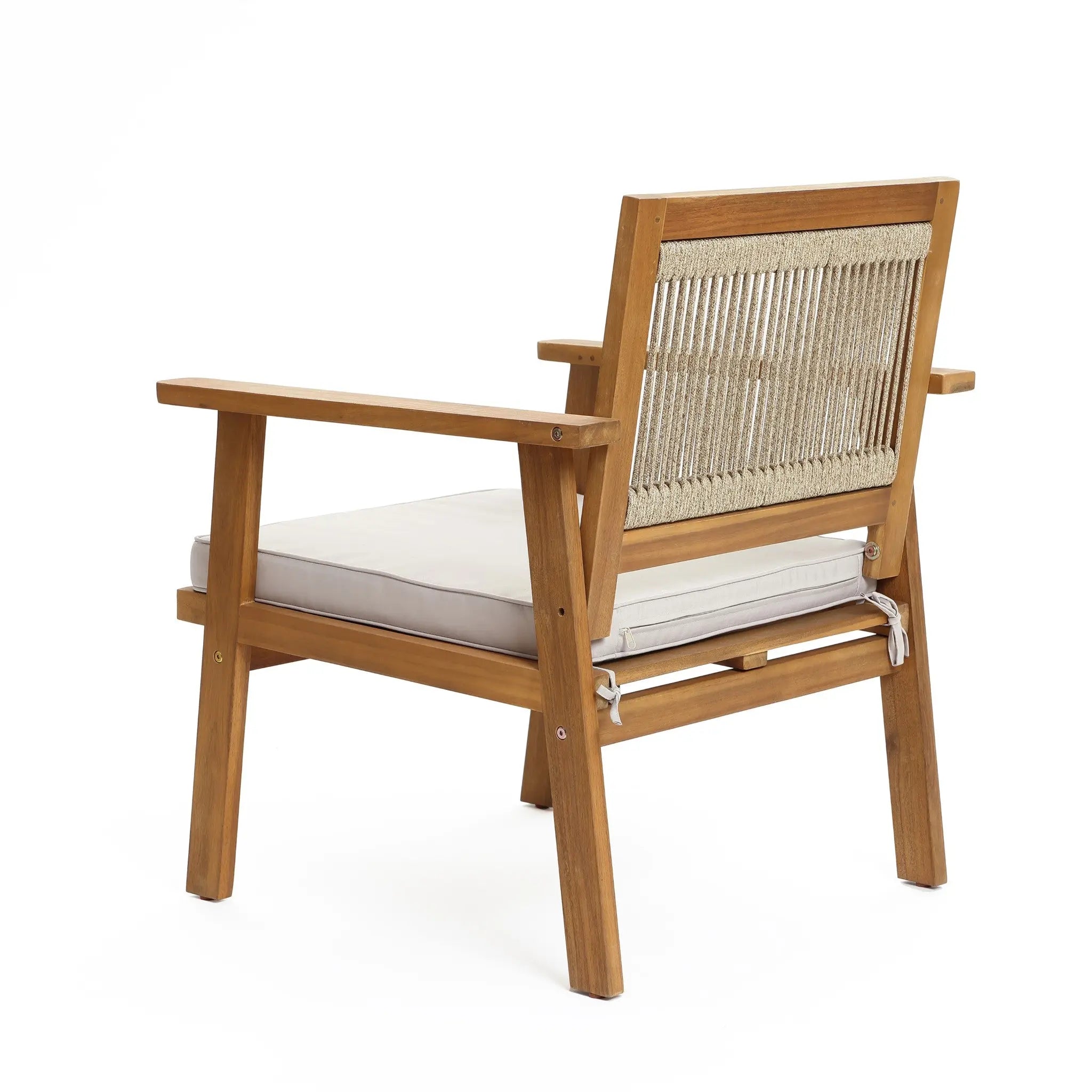 Wooden chair with a beige cushion and woven backrest, crafted from FSC-certified Acacia wood, viewed from the back and side.