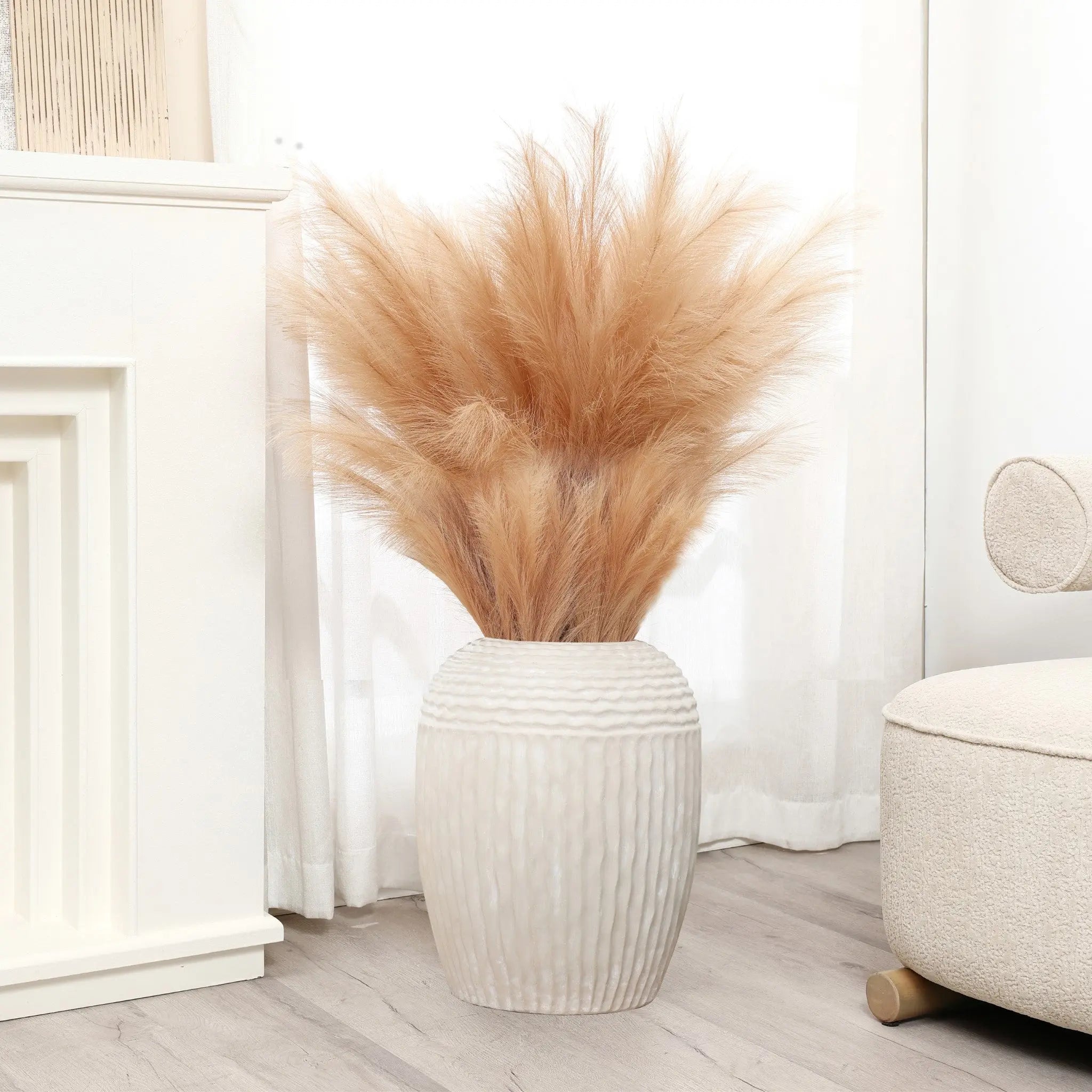 Beige ribbed round MgO Vase, 15.2'' h - LuxenHome