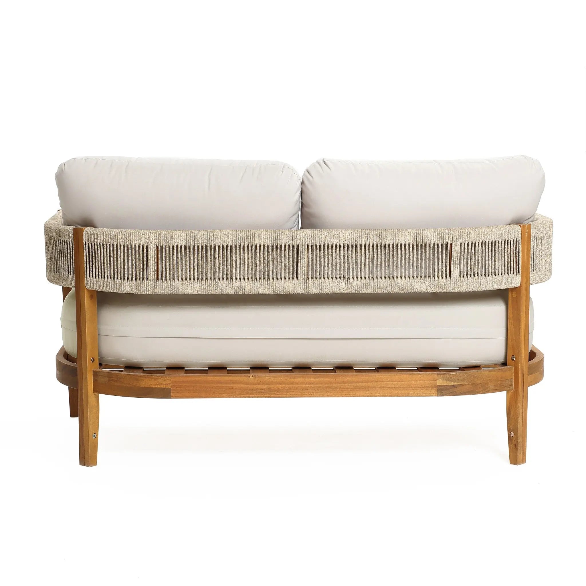 A modern two-seater Rope Sides Loveseat with light beige cushions, an Outdoor Acacia Wood frame, and a woven backrest, viewed from the back against a white background.