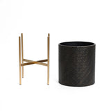 Elegant planter set featuring a black textured design and gold metal stand on a pristine white background.