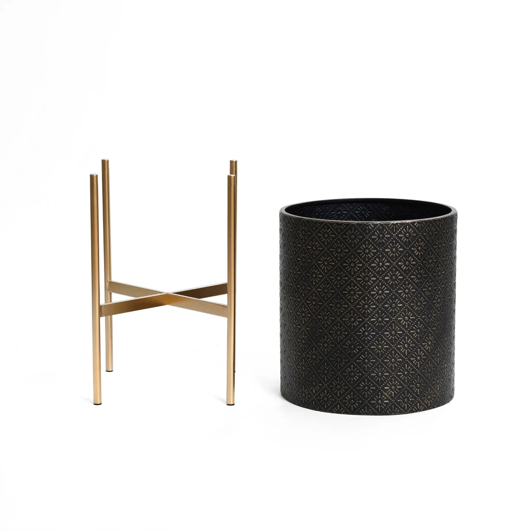 Elegant planter set featuring a black textured design and gold metal stand on a pristine white background.