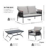 Outdoor seating set features a loveseat, coffee table, and two patio chairs. The loveseat measures 52.4x32.3x31.9 in, complemented by rope vertical stripes and removable waterproof cushions. Coffee table dimensions are 43.3x22.4x17 in, with weight capacities provided for each piece.
.