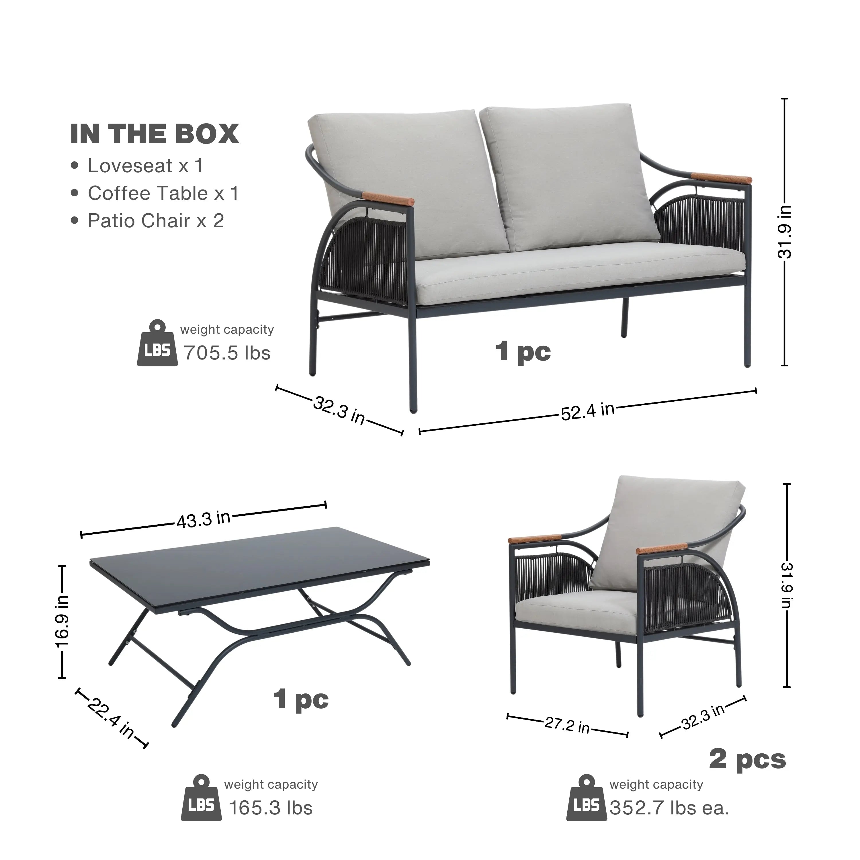 Outdoor seating set features a loveseat, coffee table, and two patio chairs. The loveseat measures 52.4x32.3x31.9 in, complemented by rope vertical stripes and removable waterproof cushions. Coffee table dimensions are 43.3x22.4x17 in, with weight capacities provided for each piece.
.