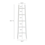 Charming white blanket ladder crafted from fir wood, featuring six rungs. Standing 59.1 inches tall, it’s 12.2 inches wide at the top and expands to 16.9 inches at the bottom, with rungs spaced evenly at 9.5 inches apart, adding rustic charm to any space.