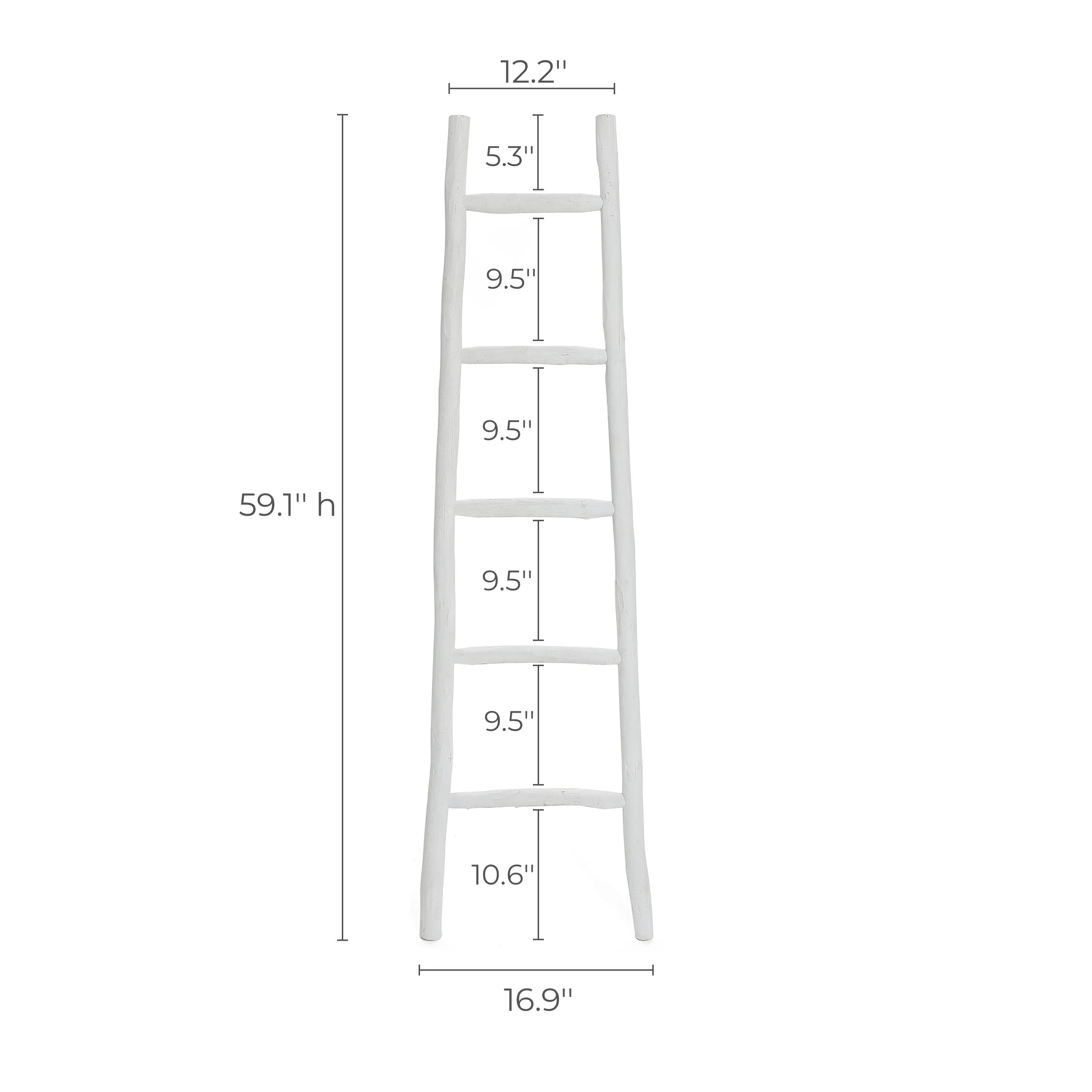 Charming white blanket ladder crafted from fir wood, featuring six rungs. Standing 59.1 inches tall, it’s 12.2 inches wide at the top and expands to 16.9 inches at the bottom, with rungs spaced evenly at 9.5 inches apart, adding rustic charm to any space.