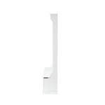 Side view of a white wooden hall tree with a coat rack, bench, and high back panel, isolated on a white background.