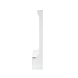 Side view of a white wooden hall tree with a coat rack, bench, and high back panel, isolated on a white background.