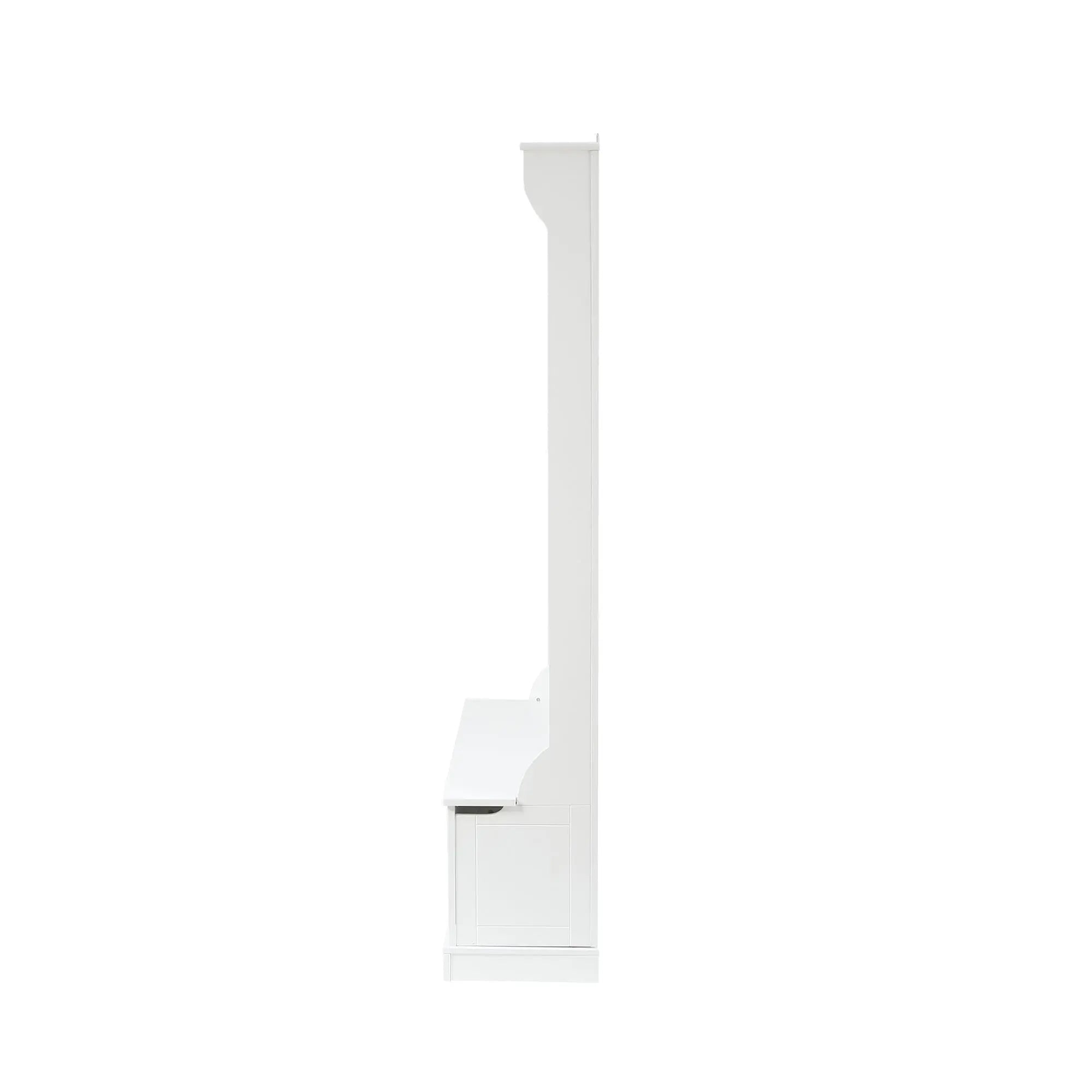 Side view of a white wooden hall tree with a coat rack, bench, and high back panel, isolated on a white background.