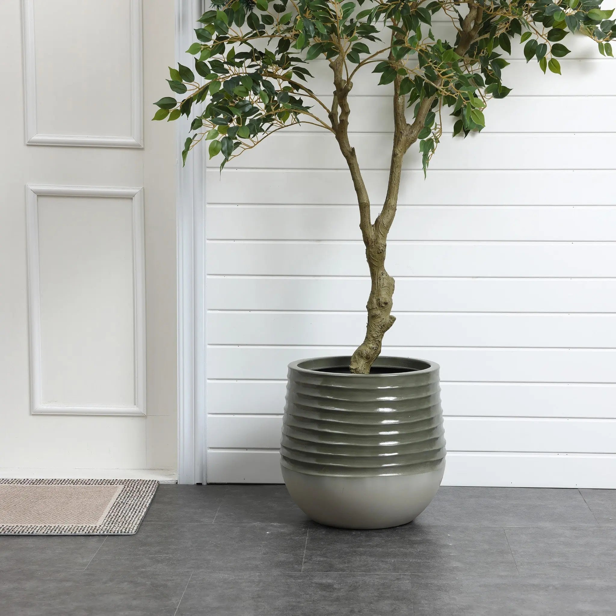 Tall potted plant in a textured gray planter with a drainage hole, on a dark tiled floor, placed against a white paneled wall next to a door with molding.