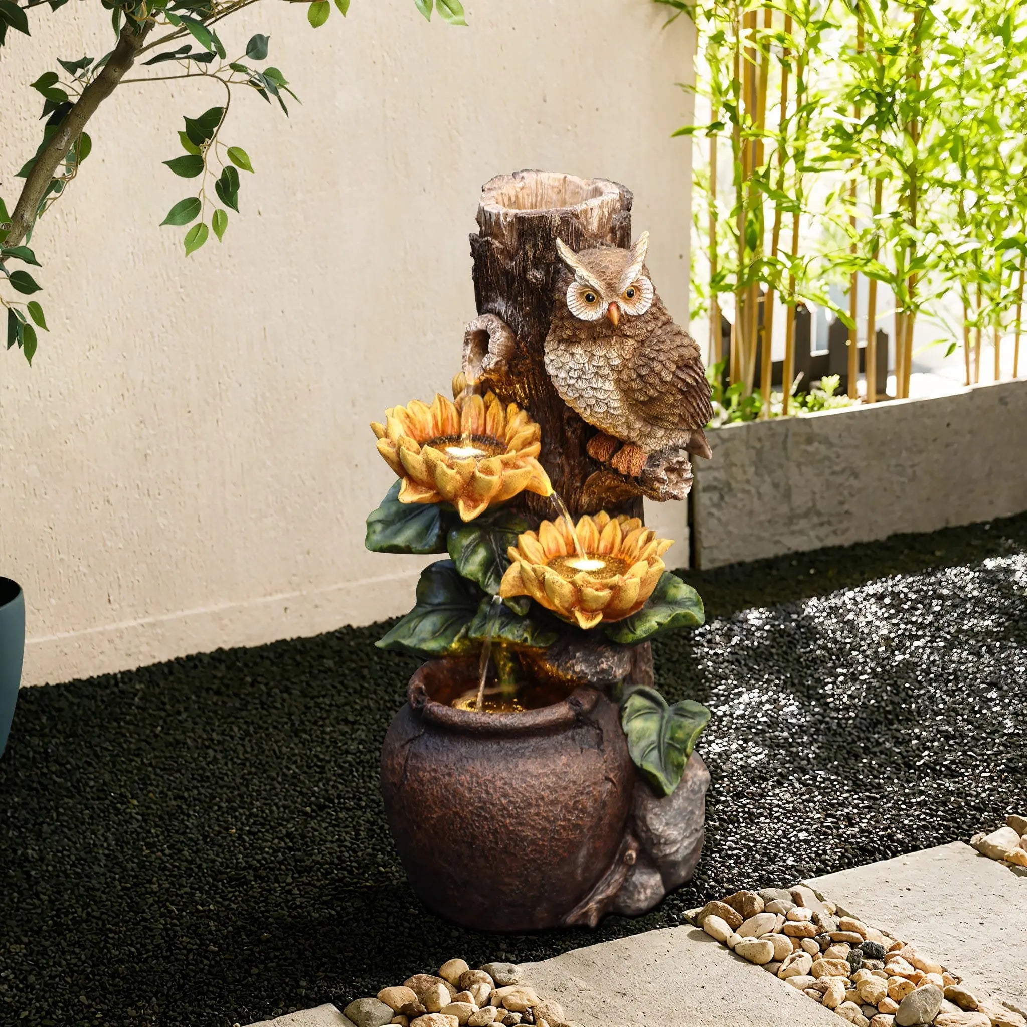 Sunflower and Owl Polyresin Outdoor Water Fountain with Lights - LuxenHome