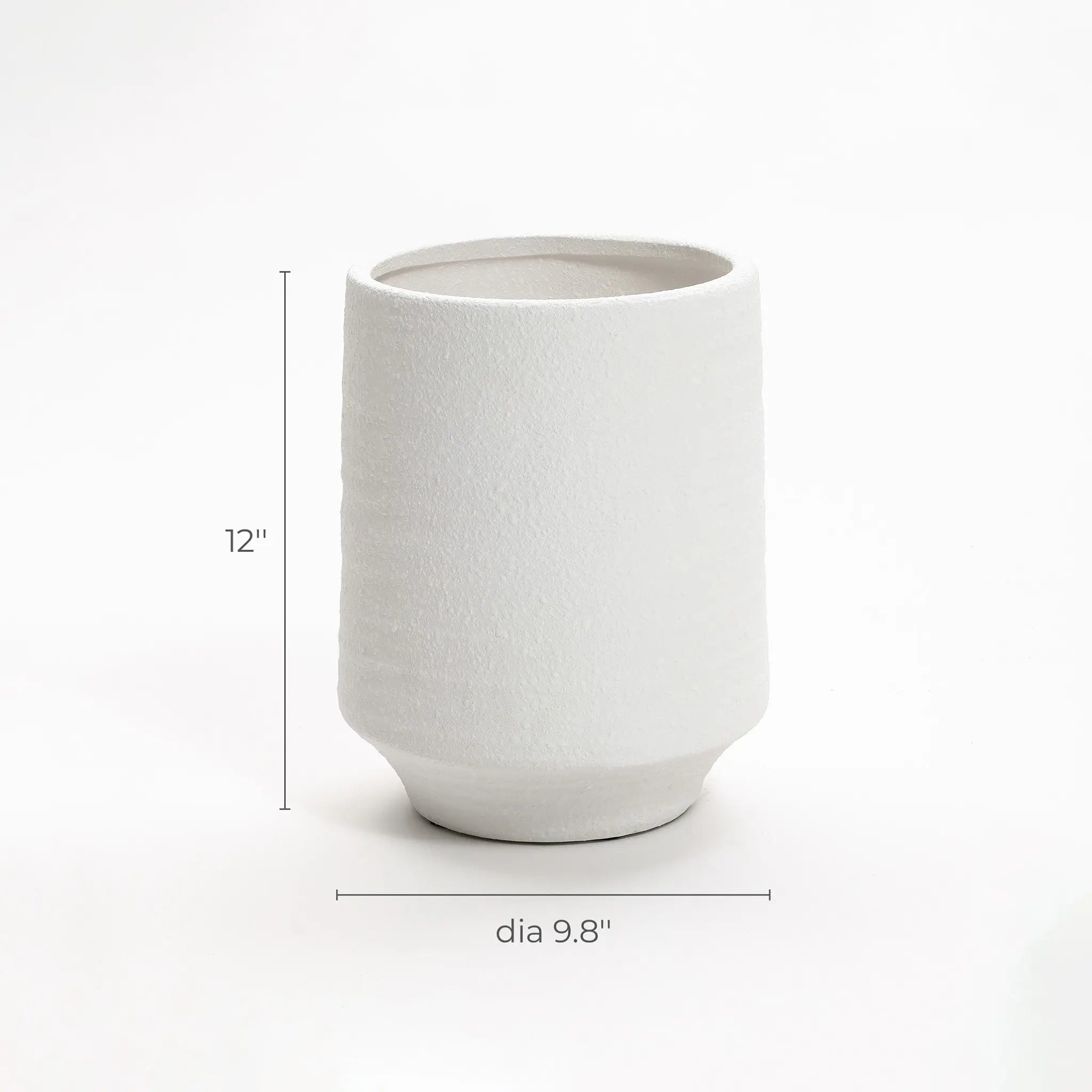 Elegant white terracotta vase, perfect for both indoor and outdoor settings. Standing 12 inches tall with a 9.8-inch diameter, it adds a textured charm to any space.