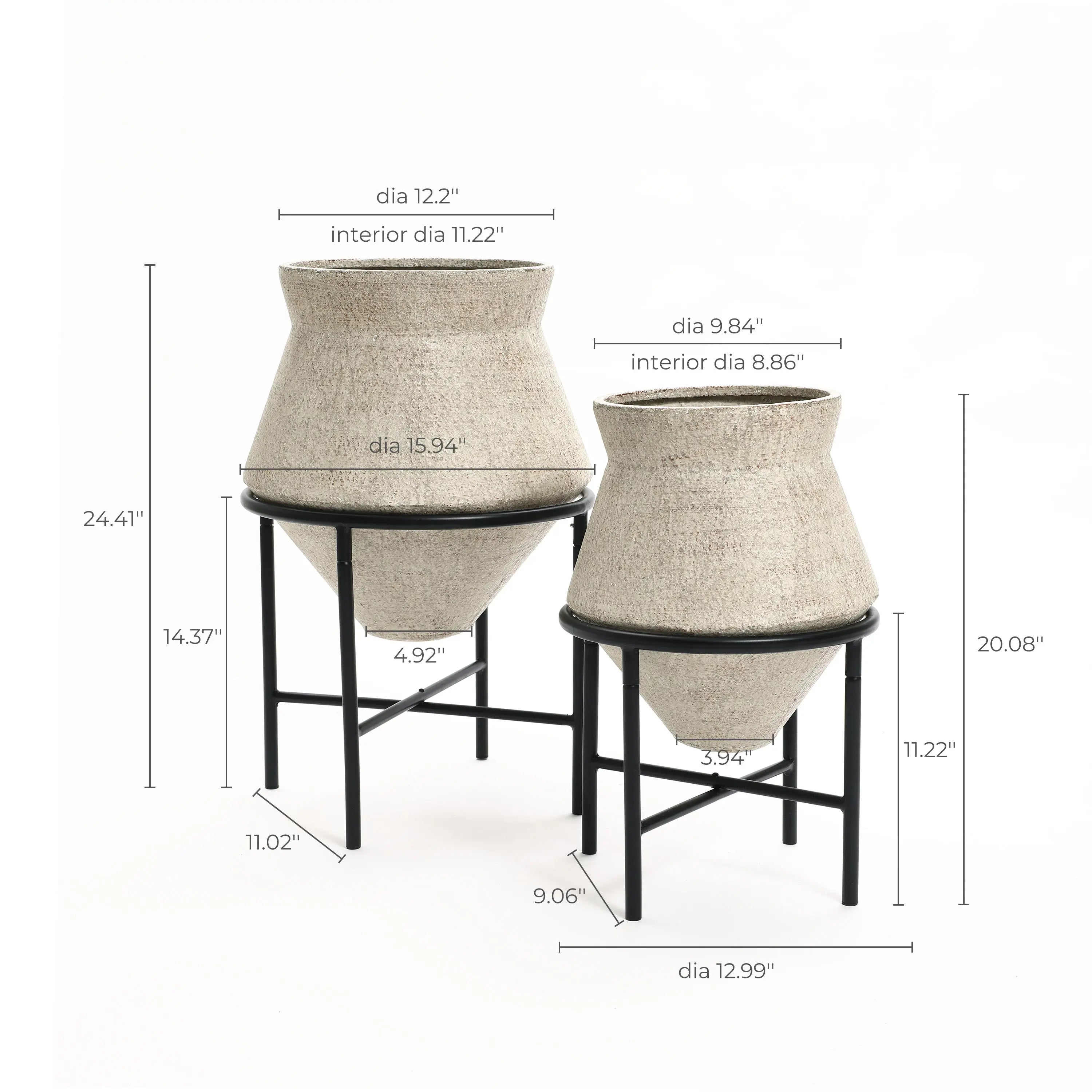 Two vintage distressed style beige cachepot planters on black stands, perfect for enhancing your indoor space decor. Each planter boasts detailed measurements for diameter and height, ensuring a perfect fit for any room.