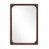 Rectangular wall mirror with a rubberwood frame, featuring rounded inner corners, mounted on a white wall, perfect for enhancing your home decor.