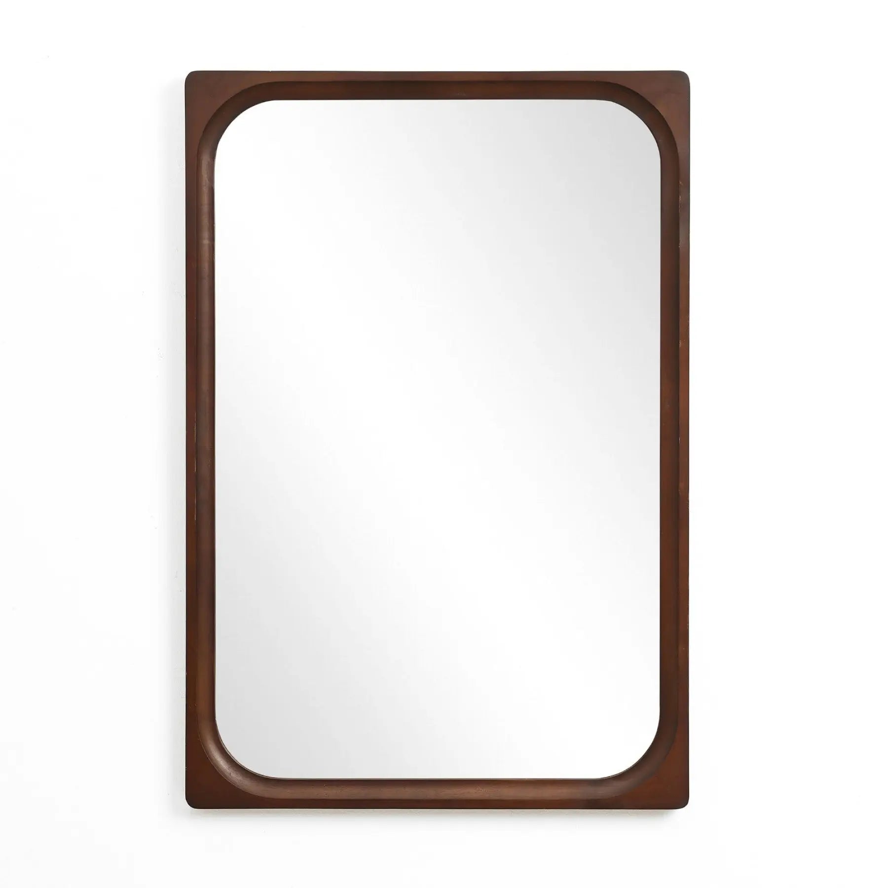 Rectangular wall mirror with a rubberwood frame, featuring rounded inner corners, mounted on a white wall, perfect for enhancing your home decor.
