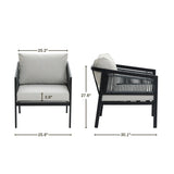 Two views of a black-framed armchair with gray waterproof cushions. This outdoor armchair, crafted from PE rattan, measures 25.6 inches wide and 27.6 inches high, featuring a seat depth of 30.1 inches and a back cushion thickness of 3.9 inches.