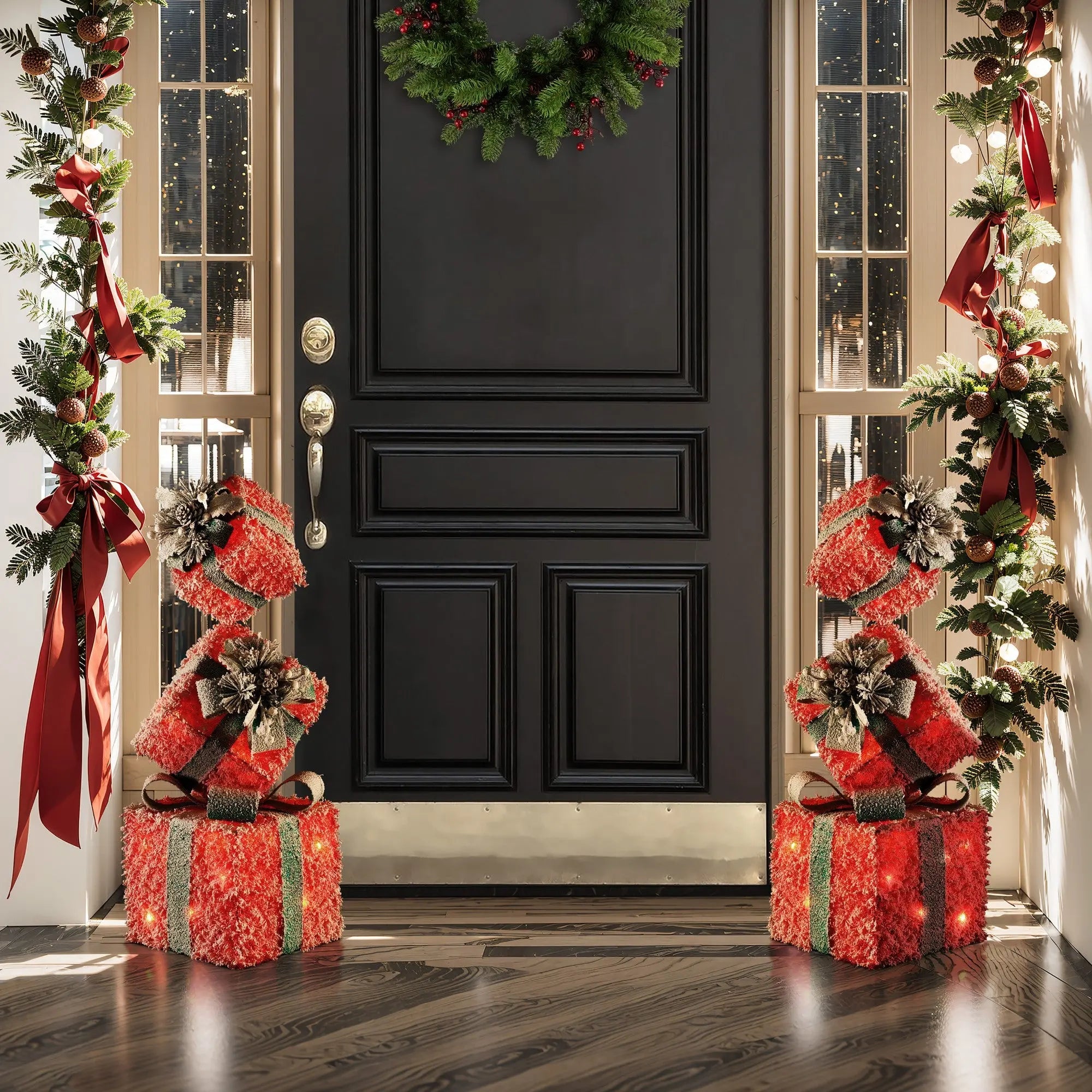 Elegant-red-gift-box-stacked-set-with-led-lights-perfect-for-entry-way