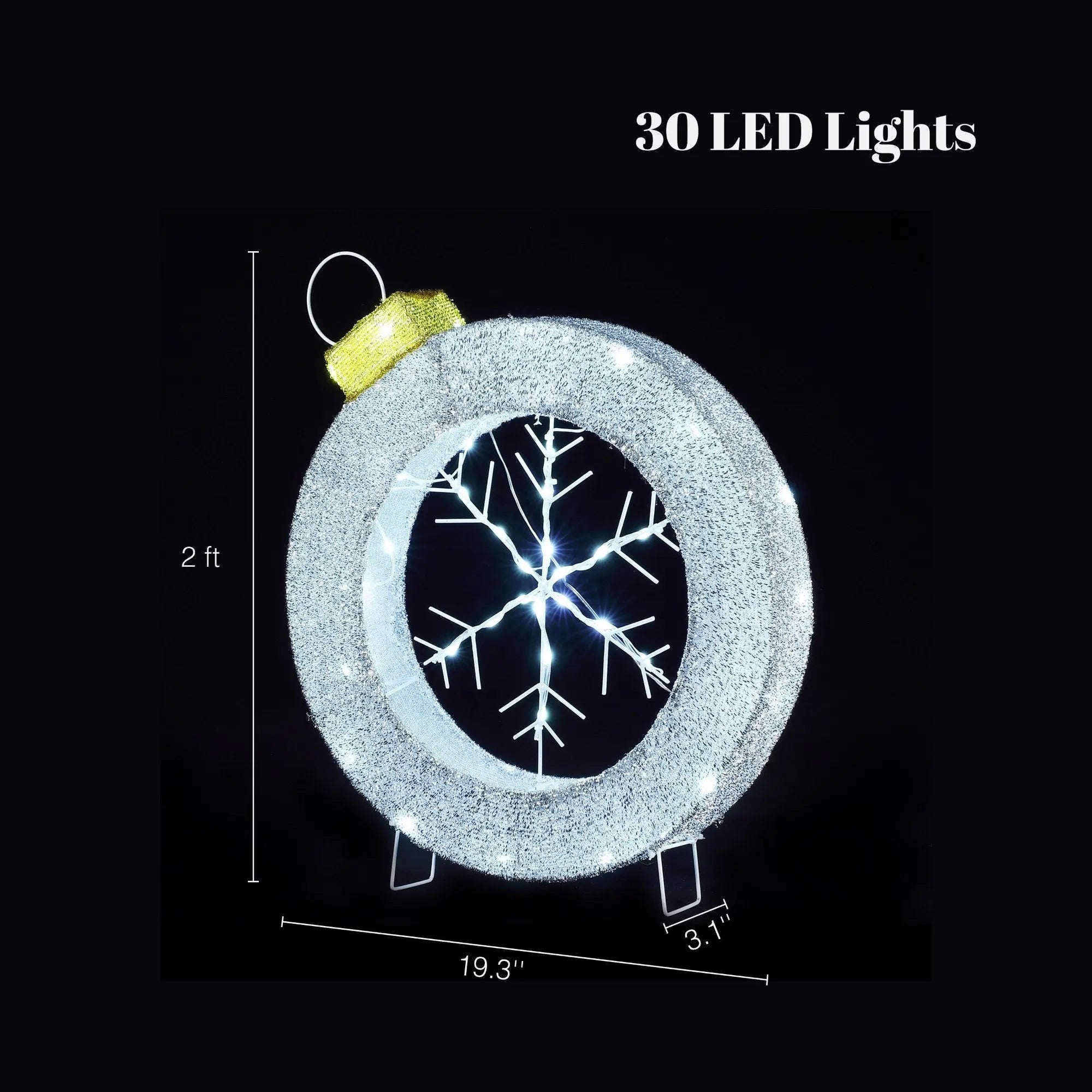 A circular LED snowflake wreath, measuring 2 feet in height and 19.3 inches in width, serves as enchanting holiday decoration against a black background.