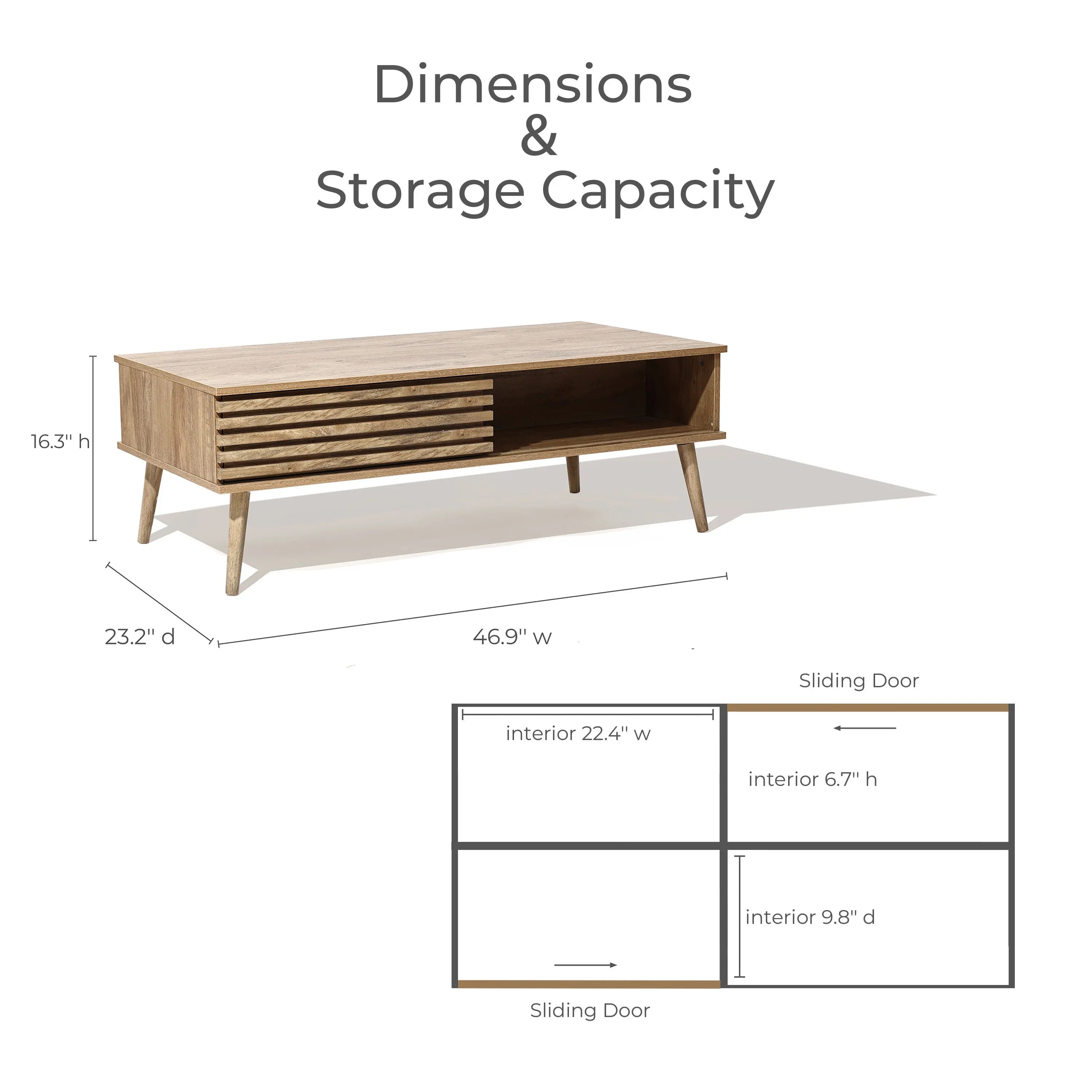 A wooden TV stand, fitting perfectly as a coffee table, measures 46.9 wide, 23.2 deep, and 16.3 high. It boasts sliding doors revealing dual-side storage with interior spaces of 22.4 wide, 6.7 high, and 9.8 deep for all your essentials.