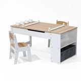 Activity Children Table with Storage Bookcase and 2 Chairs Set featuring white and natural wood finish, adjustable height tabletop, built-in paper clamps, paint pot holders, under-table storage with roll holder, and side bookcase with removable storage boxes. Ideal for arts, crafts, and learning activities.