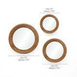 Three round mirrors with rubberwood frames are displayed. Dimensions: 19 diameter, 15 diameter, and 12 diameter, each with a depth of 1.75. The non-slip back mounting ensures stability while creating an optical illusion of floating elegance on your wall.