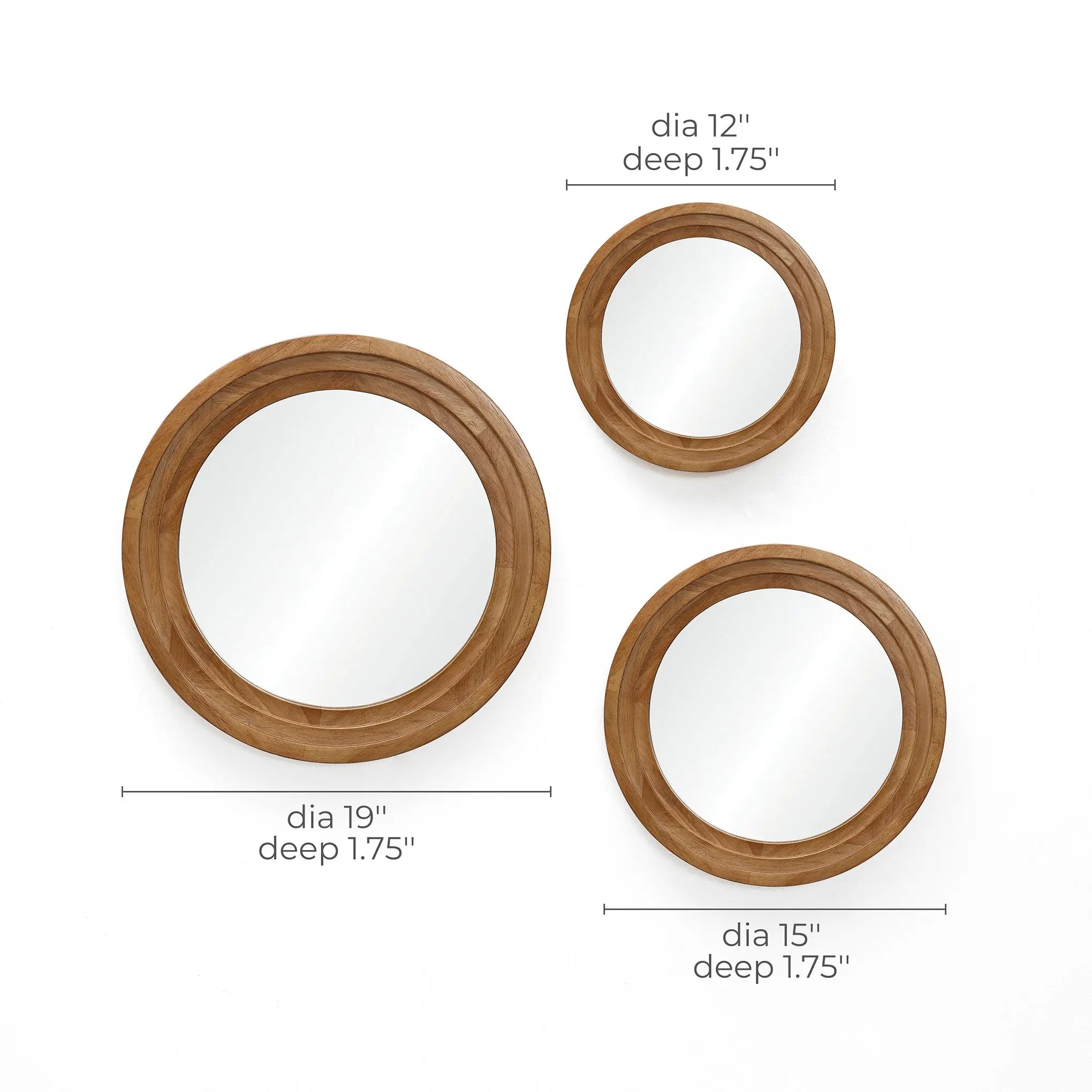 Three round mirrors with rubberwood frames are displayed. Dimensions: 19 diameter, 15 diameter, and 12 diameter, each with a depth of 1.75. The non-slip back mounting ensures stability while creating an optical illusion of floating elegance on your wall.