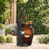 Rain barrel with tree and birds polyresin outdoor water fountains with light - LuxenHome