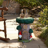 A whimsical gnome tree house table shaped like a stump with a gnome, rabbit, and mushrooms holds glass decanters next to a wooden chair¡ªperfect as multifunctional table and charming outdoor space decor.
