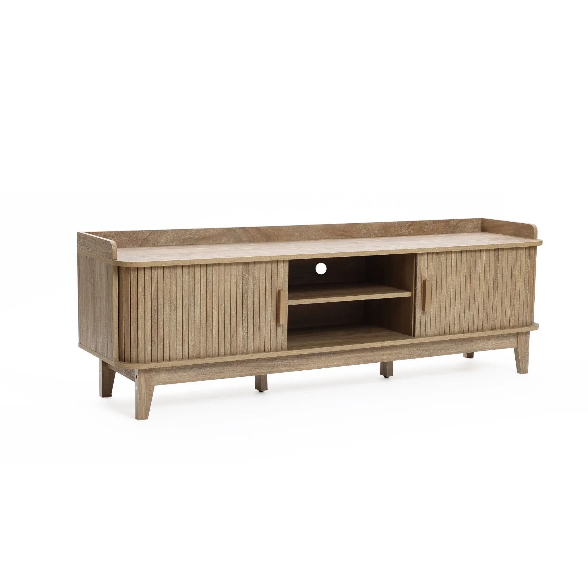 Mid-Century Modern Tambour-Style 2-Door 63-Inch Wide TV Stand with Tray Top, Oak - LuxenHome