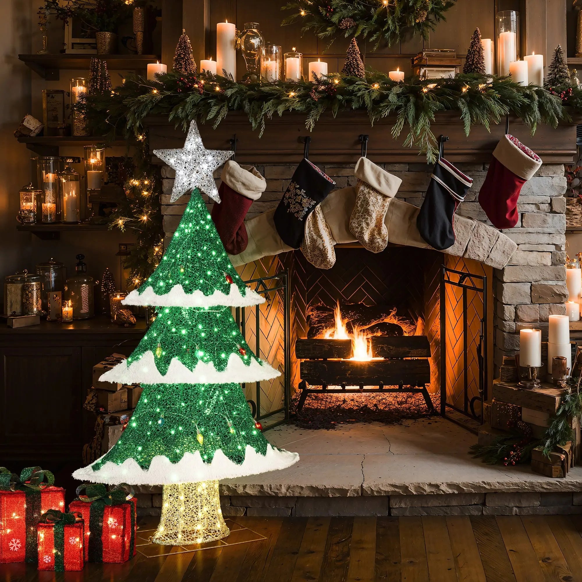 A cozy fireplace with a burning fire and a decorated mantle, featuring stockings and candles as part of the holiday decor. An illuminated Christmas tree adorned with LED lights sits nearby, with gift boxes scattered on the floor.
