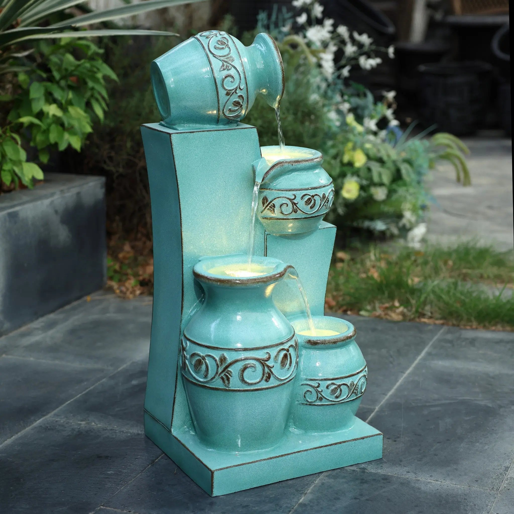 Light blue 4-tier ornate jugs polyresin outdoor water fountain with lights - LuxenHome