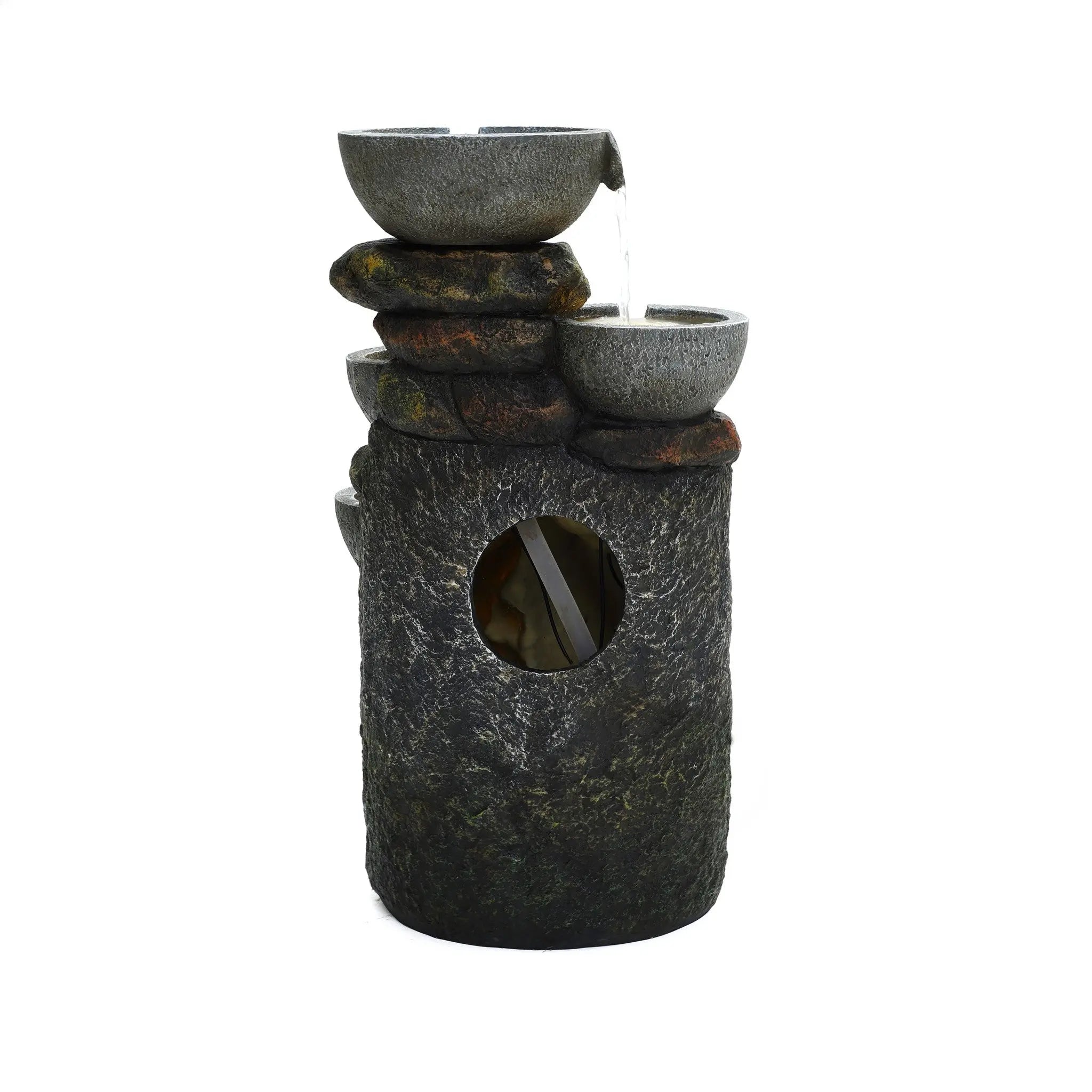 Gray 4-bowl and 5-tier polyresin outdoor water fountain with lights - LuxenHome