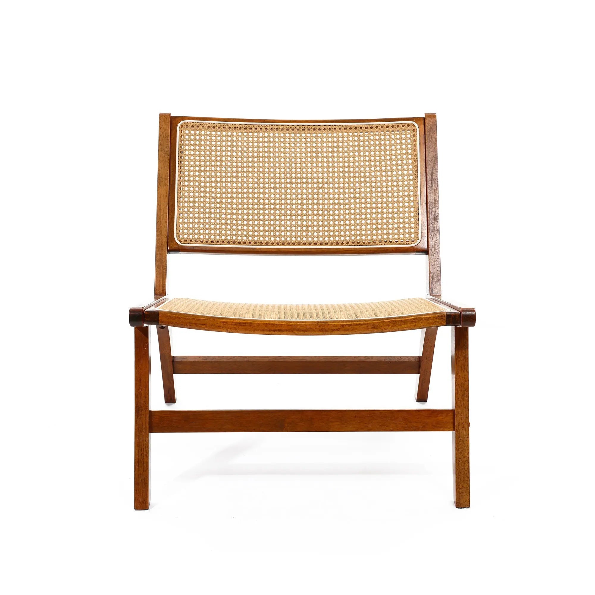 front view of Bamford accent chair. A solid wood frame chair with PE rattan seat and backrest