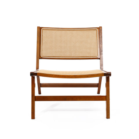 front view of Bamford accent chair. A solid wood frame chair with PE rattan seat and backrest