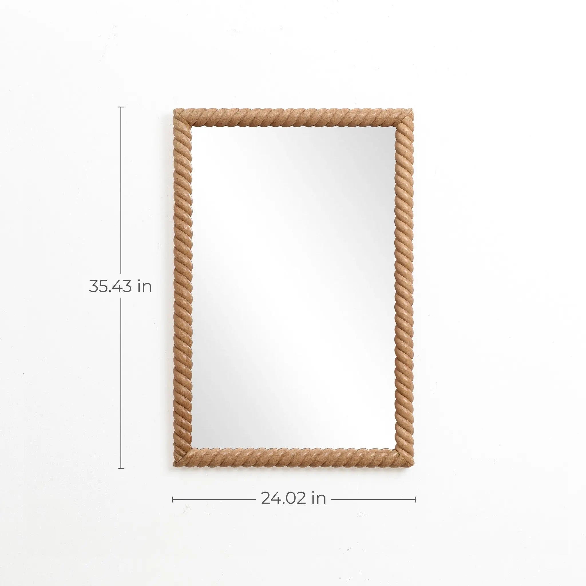 Decorative wall mirror with a twisted rope frame crafted from natural beech wood. Dimensions are 35.43 inches in height and 24.02 inches in width, making it perfect for elegant home decor.