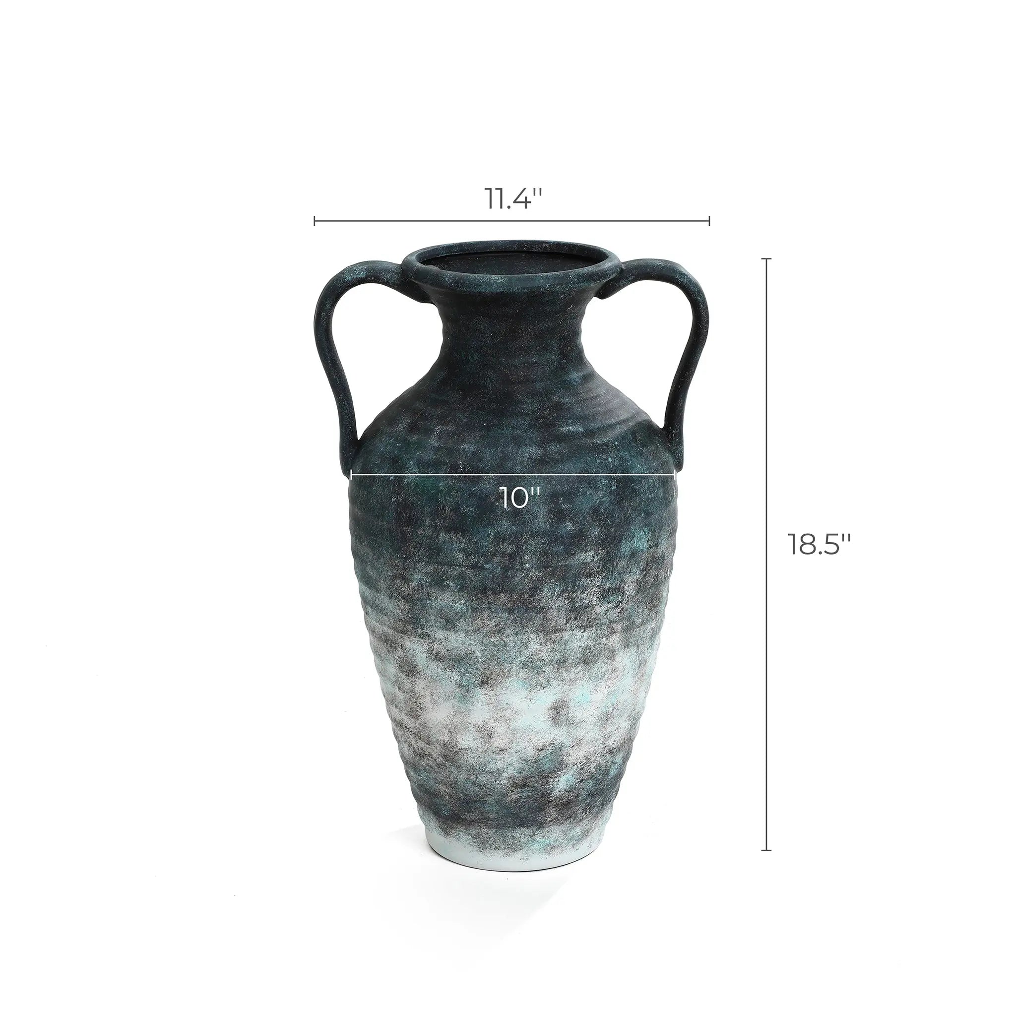 The LuxenHome Mottled Gray Ceramic Tall Vase stands 18.5 inches tall and 11.4 inches wide, featuring two handles and a textured green, brown, and speckled gray surface with a 10-inch diameter opening, offering minimalist refinement in its versatile design.